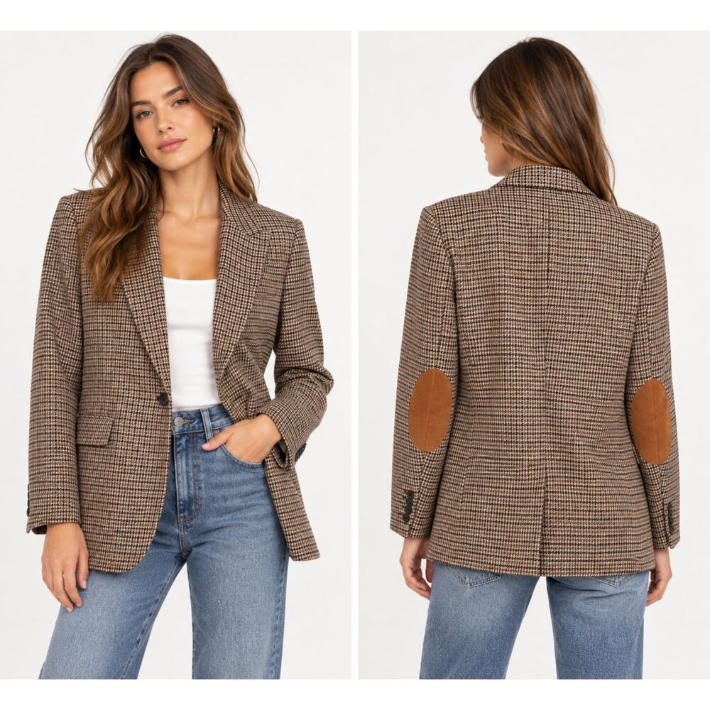 ZARA Houndstooth Oversized Blazer Elbow Patches Brown Small